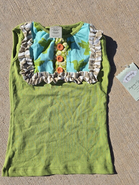 Persnickety Other - Persnickety Green Tank Top with Blue Floral Yoke and Orange Buttons